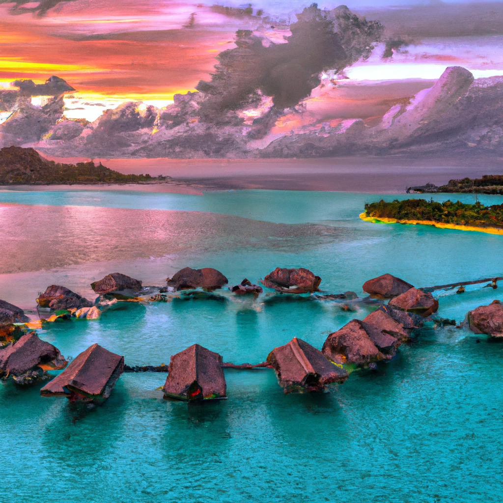 Vue aérienne de Bora Bora au coucher du soleil avec bungalows sur pilotis et lagon turquoise, ciel pastel et nuages