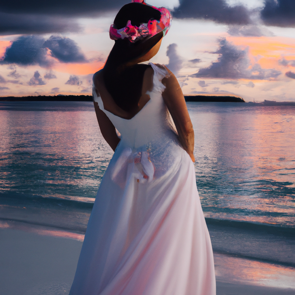 Mariée à Bora Bora au coucher du soleil — palette pastel fine art